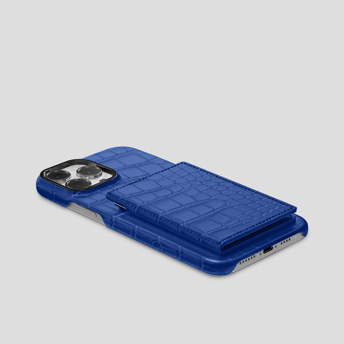 Royal Blue iPhone 15 Pro Bi-Fold Case Alligator with Black Metal -4 | Royal-Blue-Black
