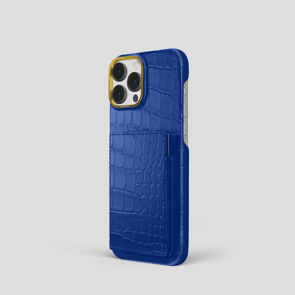 Royal Blue iPhone 15 Pro Bi-Fold Case Alligator with Gold Metal -1 | Royal-Blue-Gold