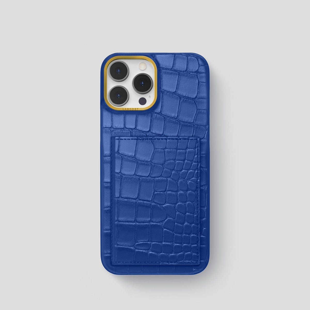 Royal Blue iPhone 15 Pro Bi-Fold Case Alligator with Gold Metal -2 | Royal-Blue-Gold