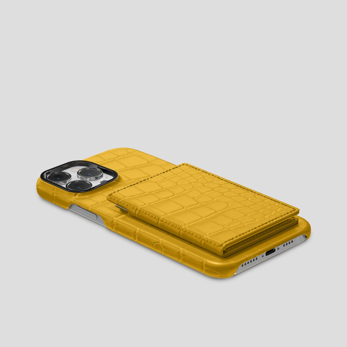Yellow iPhone 15 Pro Bi-Fold Case Alligator with Black Metal -4 | Yellow-Black