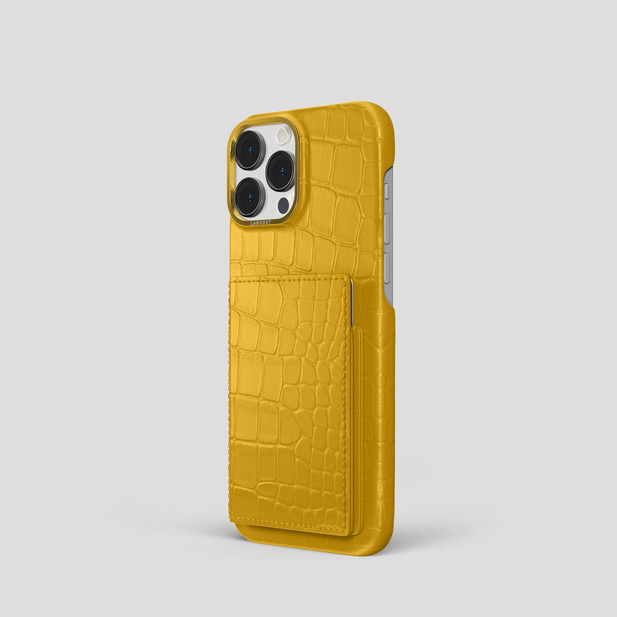 Yellow iPhone 15 Pro Bi-Fold Case Alligator with Gold Metal -1 | Yellow-Gold