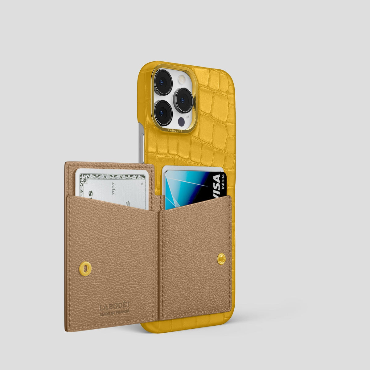 Yellow iPhone 15 Pro Bi-Fold Case Alligator with Gold Metal -3 | Yellow-Gold