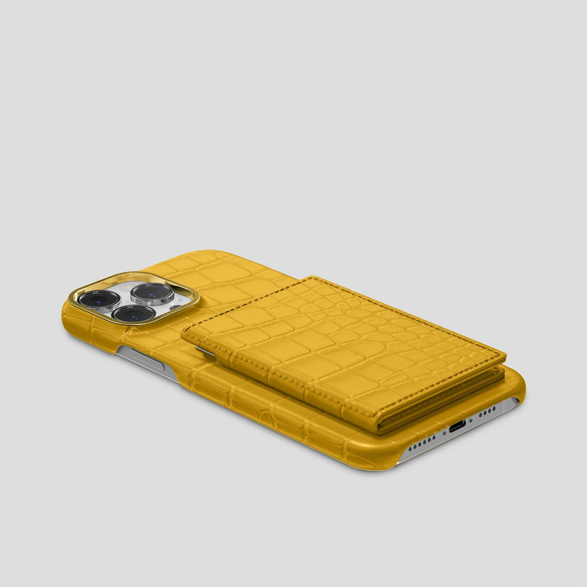 Yellow iPhone 15 Pro Bi-Fold Case Alligator with Gold Metal -4 | Yellow-Gold