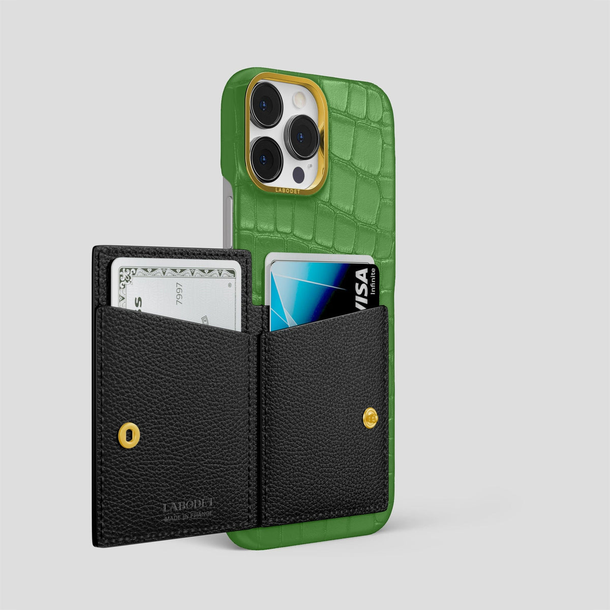 Apple-Green iPhone 15 Pro Max Bi-Fold Case Alligator with Gold Metal -3 | Apple-Green-Gold
