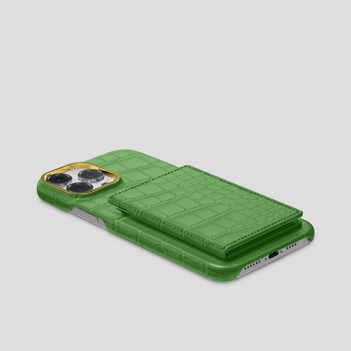 Apple-Green iPhone 15 Pro Max Bi-Fold Case Alligator with Gold Metal -4 | Apple-Green-Gold
