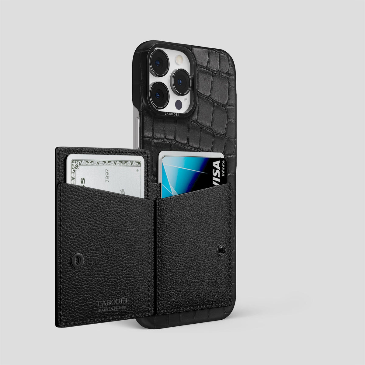 Black iPhone 15 Pro Max Bi-Fold Case Alligator with Black Metal -3 | Black-Black