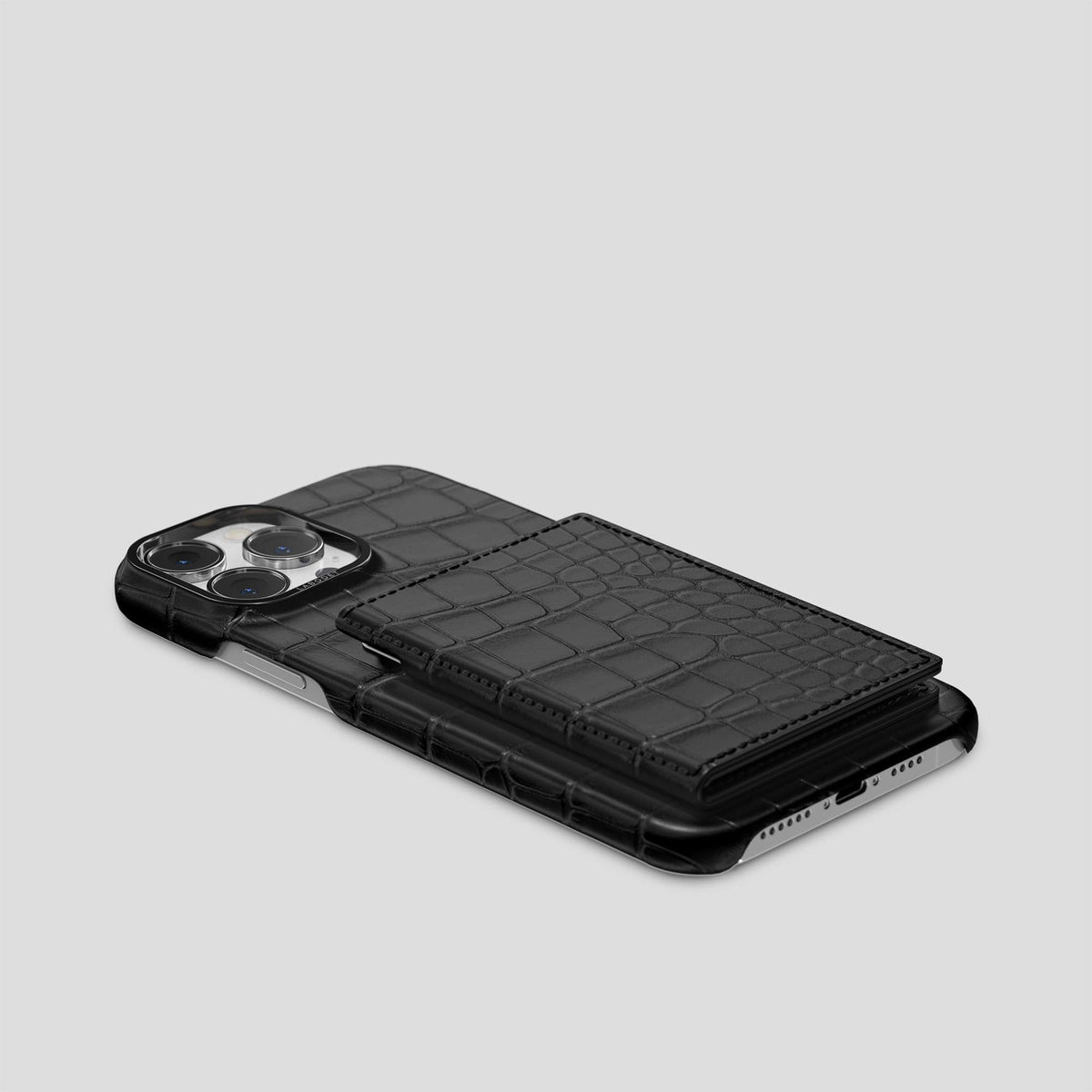 Black iPhone 15 Pro Max Bi-Fold Case Alligator with Black Metal -4 | Black-Black