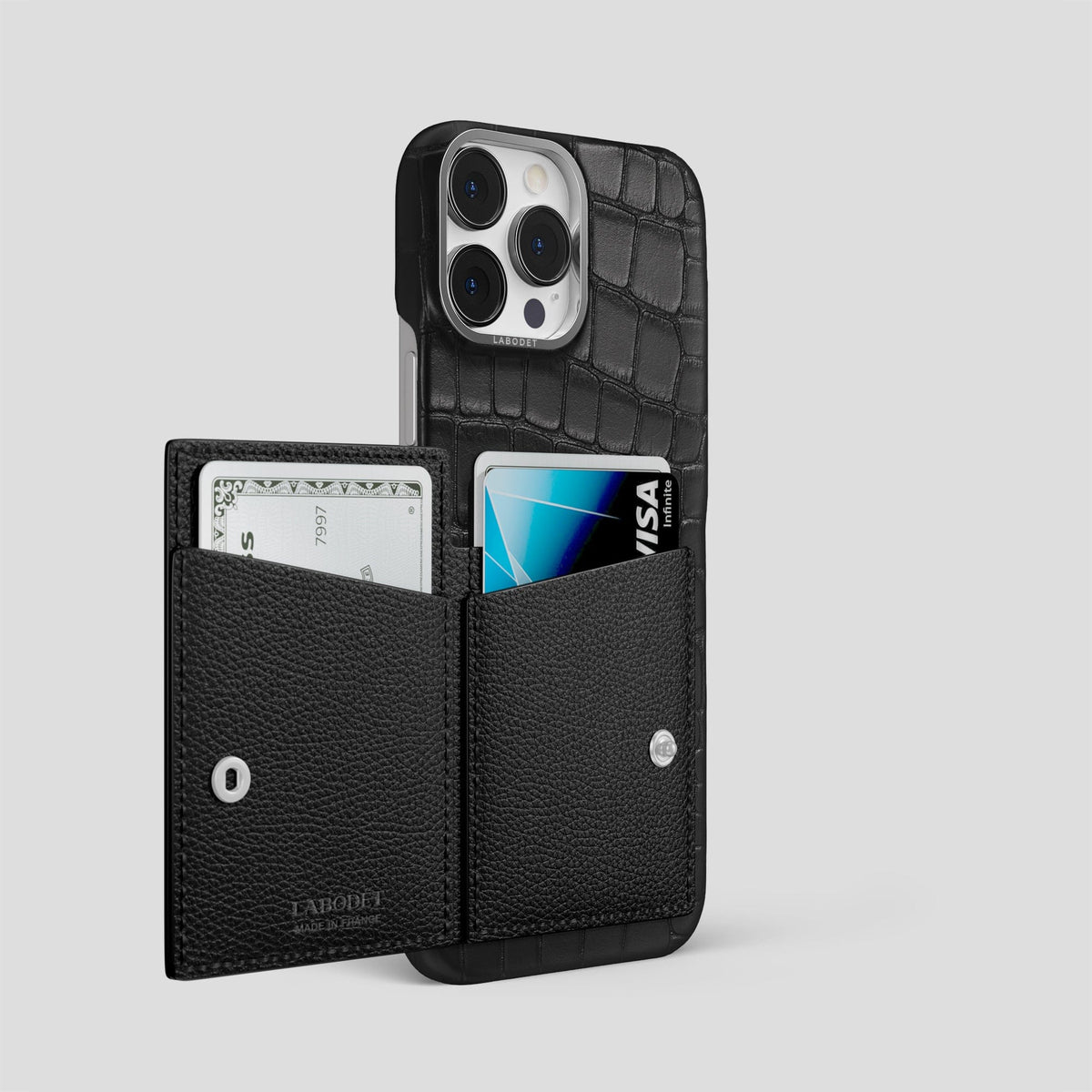 Black iPhone 15 Pro Max Bi-Fold Case Alligator with Steel Metal -3 | Black-Steel