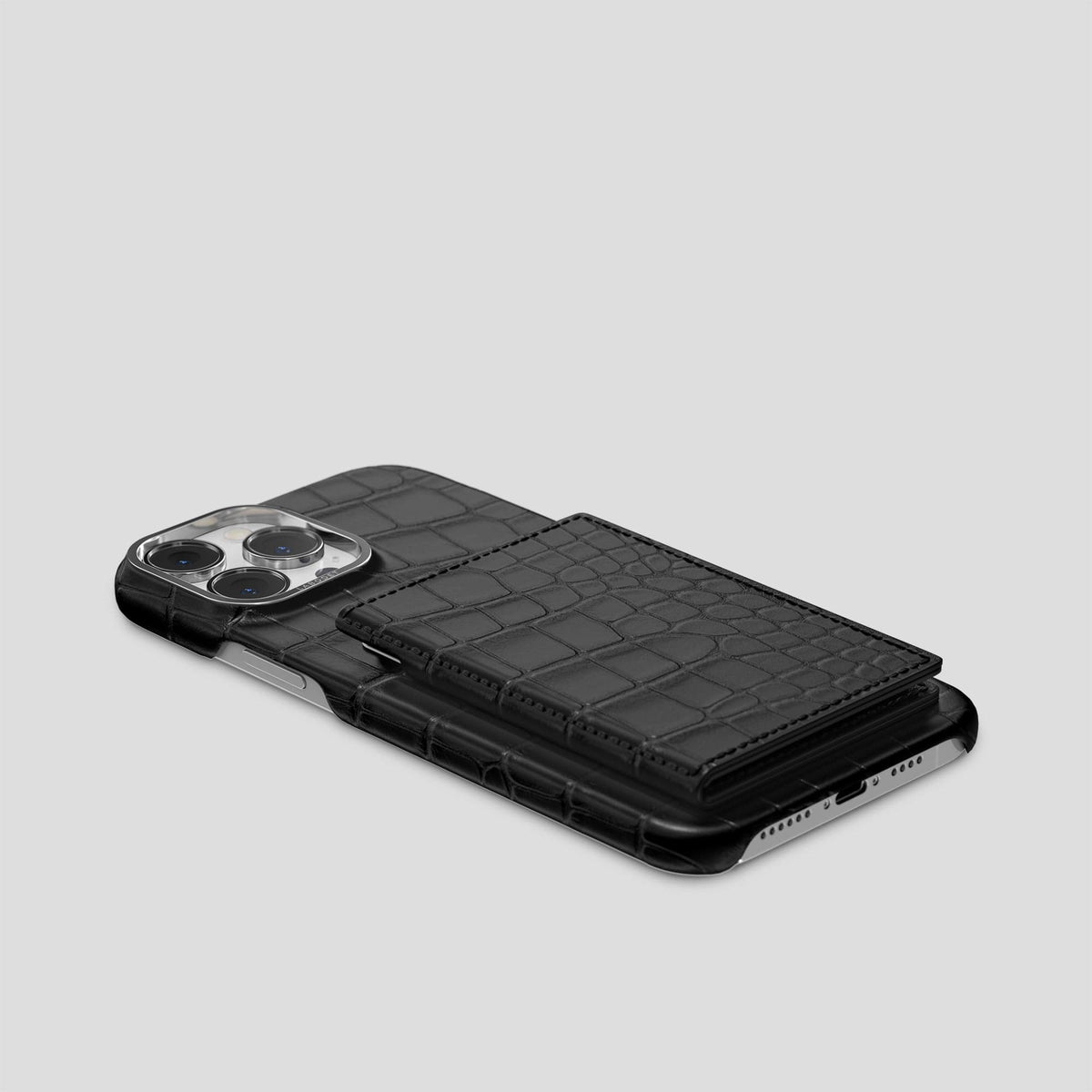 Black iPhone 15 Pro Max Bi-Fold Case Alligator with Steel Metal -4 | Black-Steel