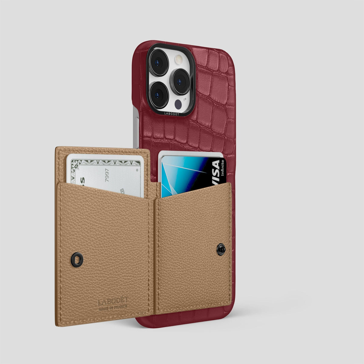 Burgundy iPhone 15 Pro Max Bi-Fold Case Alligator with Black Metal -3 | Burgundy-Black