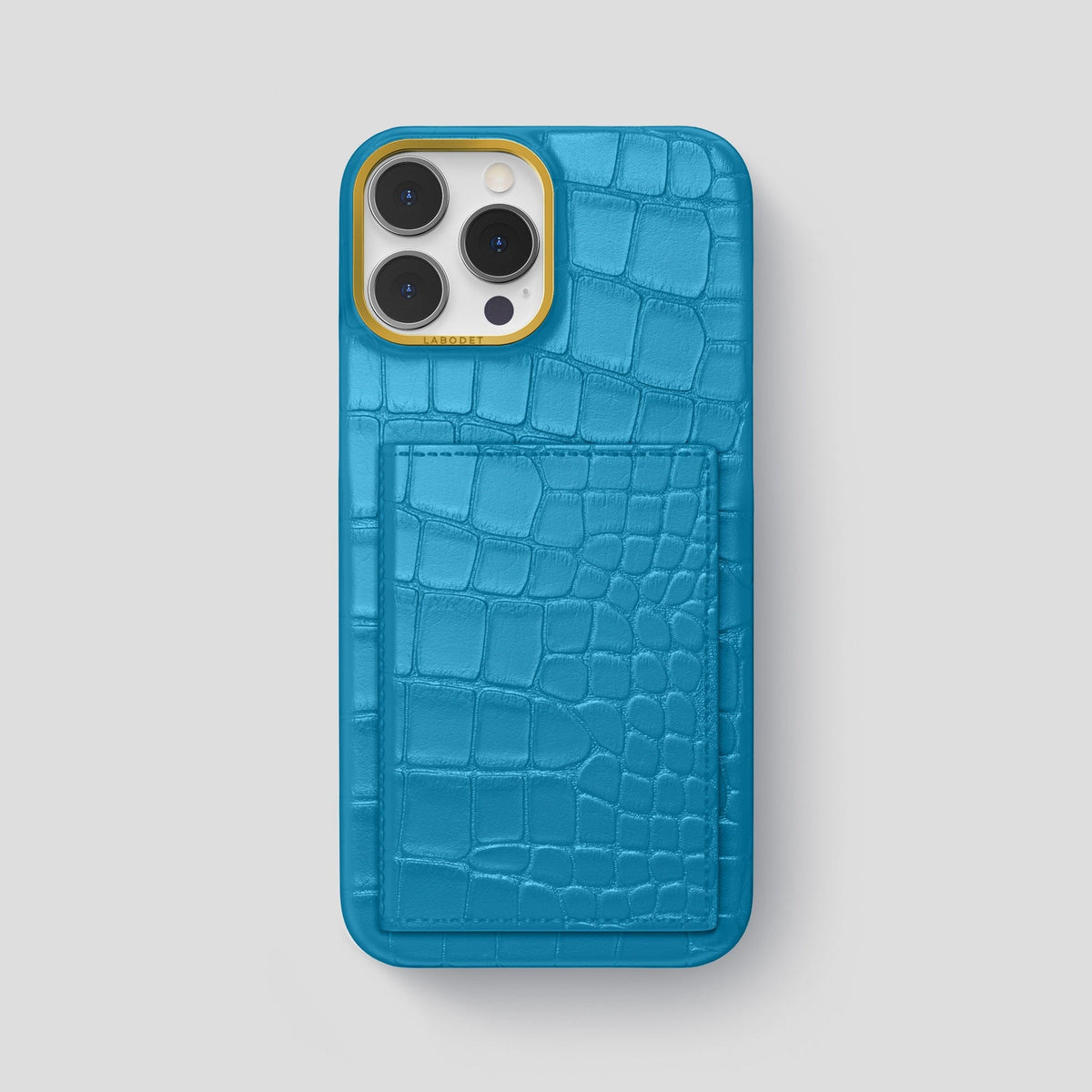 Curaçao-Blue iPhone 15 Pro Max Bi-Fold Case Alligator with Gold Metal -2 | Curaçao-Blue-Gold
