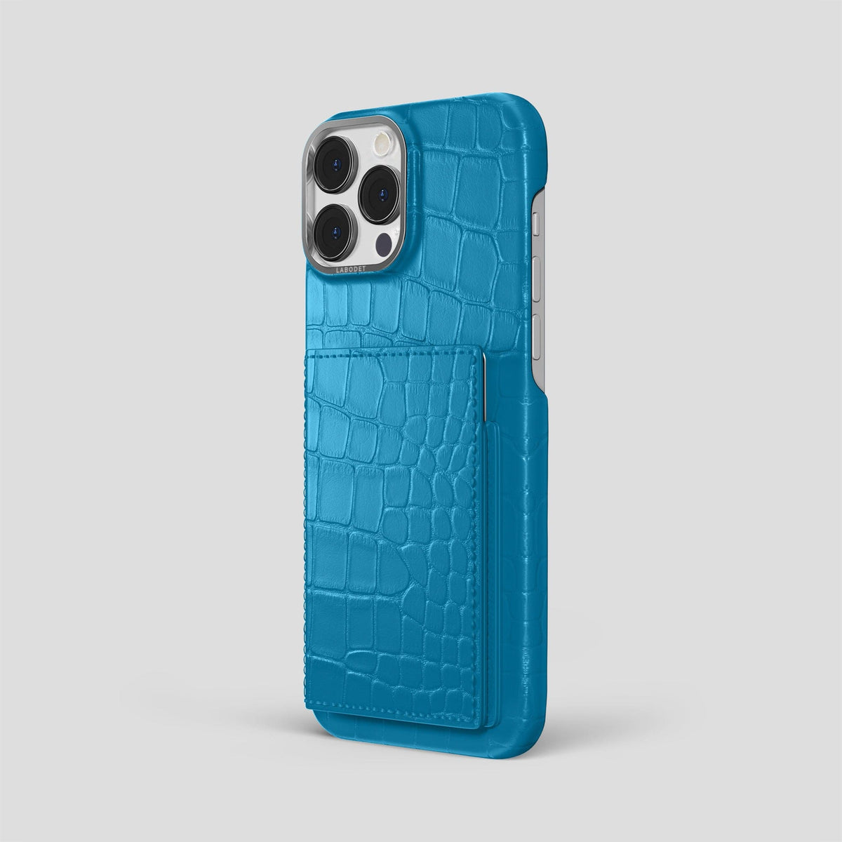 Curaçao-Blue iPhone 15 Pro Max Bi-Fold Case Alligator with Steel Metal -1 | Curaçao-Blue-Steel