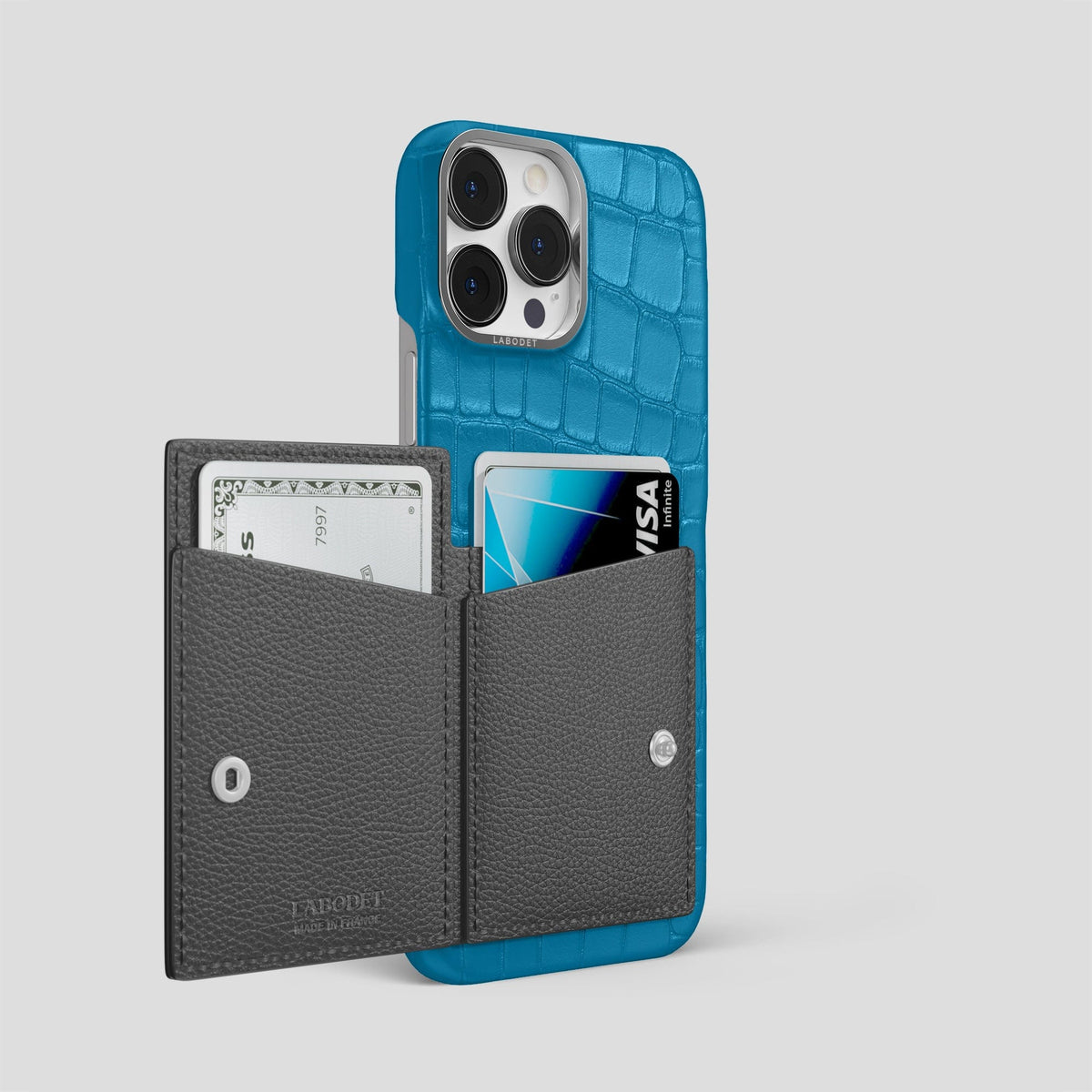 Curaçao-Blue iPhone 15 Pro Max Bi-Fold Case Alligator with Steel Metal -3 | Curaçao-Blue-Steel