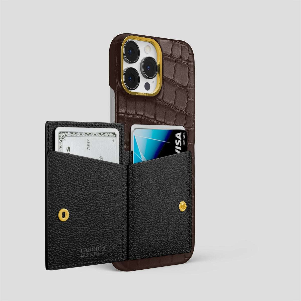 Dark-Brown iPhone 15 Pro Max Bi-Fold Case Alligator with Gold Metal -3 | Dark-Brown-Gold