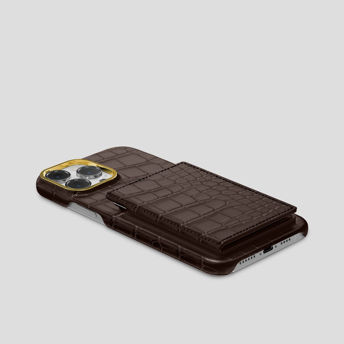 Dark-Brown iPhone 15 Pro Max Bi-Fold Case Alligator with Gold Metal -4 | Dark-Brown-Gold