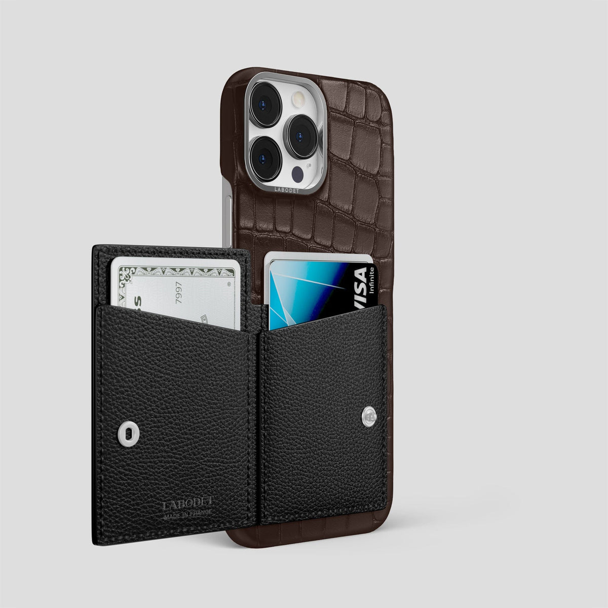 Dark-Brown iPhone 15 Pro Max Bi-Fold Case Alligator with Steel Metal -3 | Dark-Brown-Steel