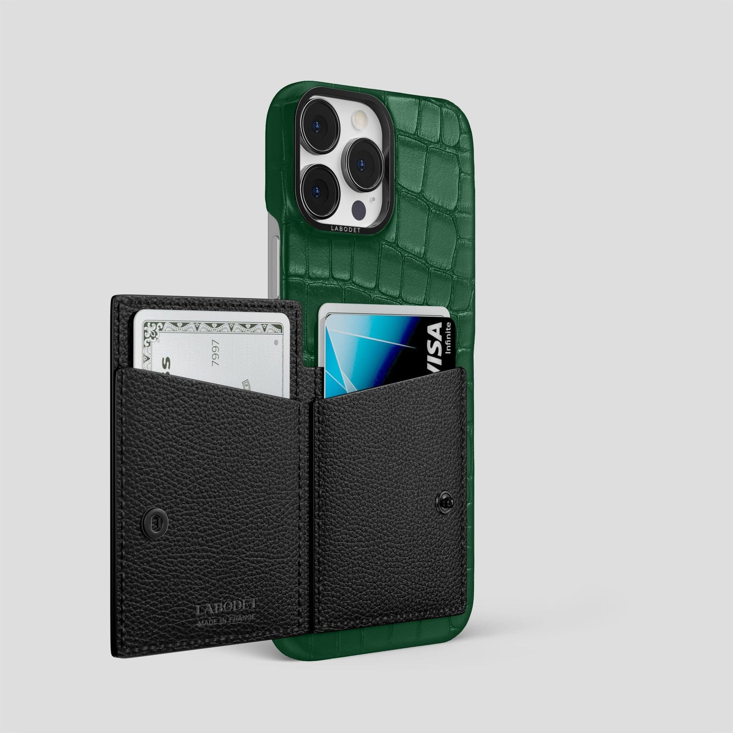 Forest-Green iPhone 15 Pro Max Bi-Fold Case Alligator with Black Metal -3 | Forest-Green-Black