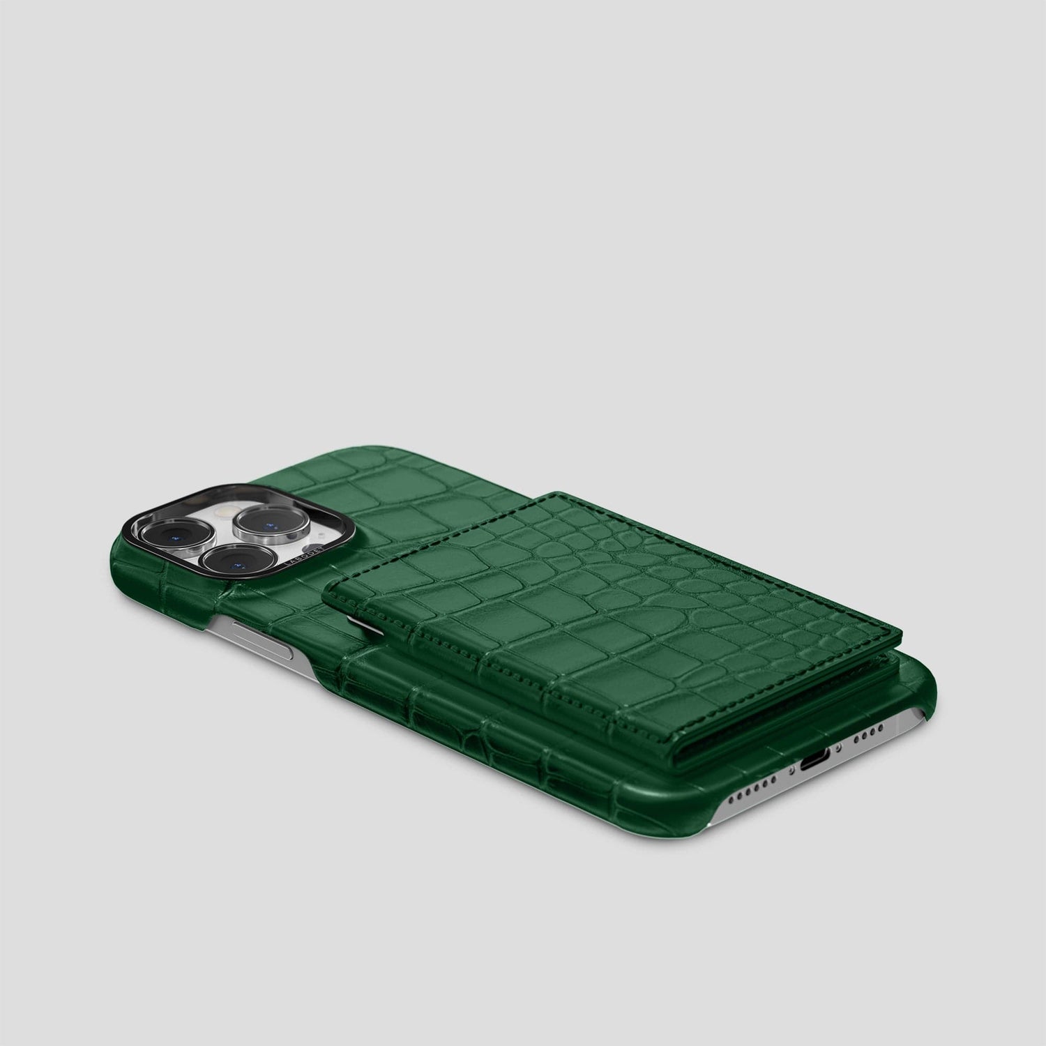 Forest-Green iPhone 15 Pro Max Bi-Fold Case Alligator with Black Metal -4 | Forest-Green-Black