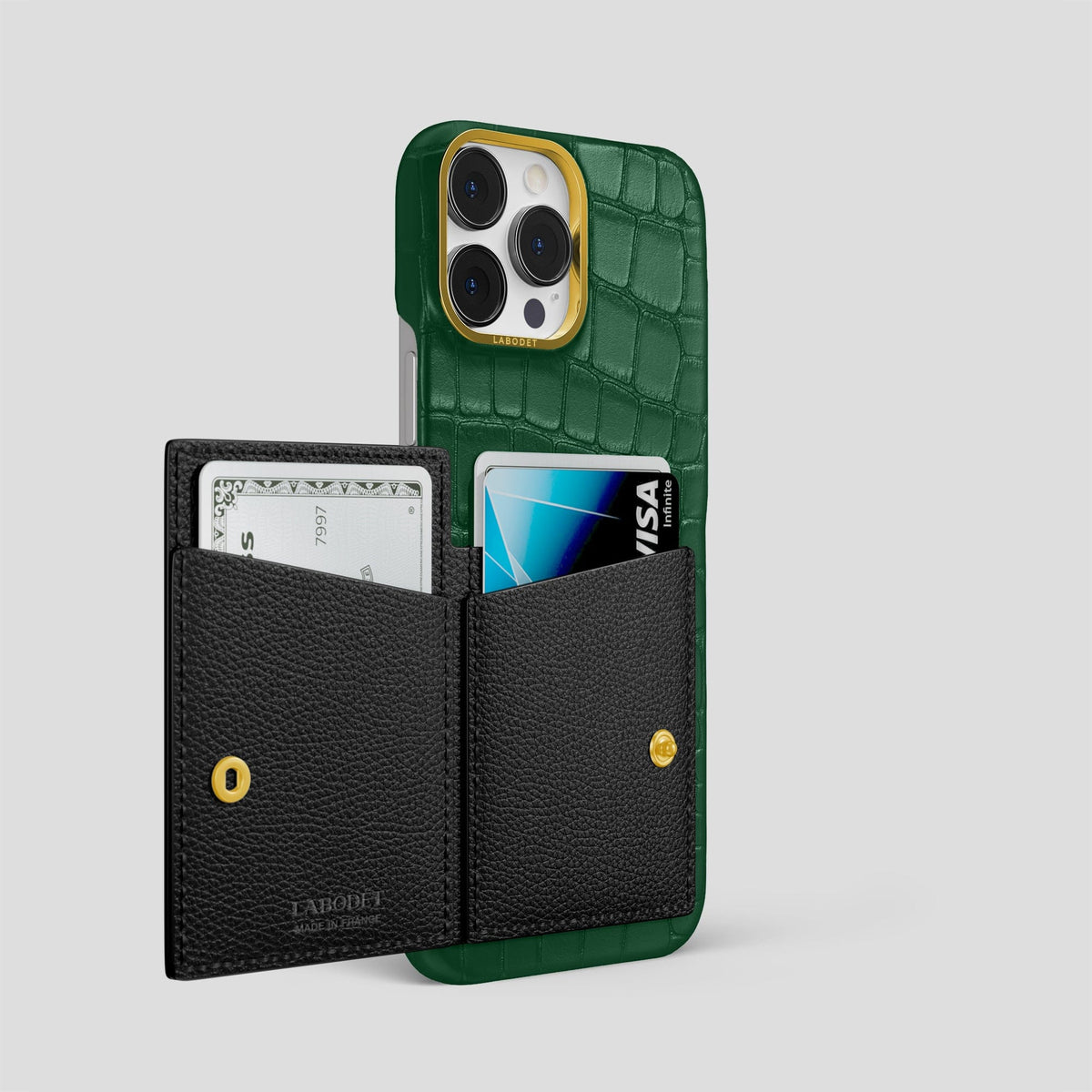 Forest-Green iPhone 15 Pro Max Bi-Fold Case Alligator with Gold Metal -3 | Forest-Green-Gold