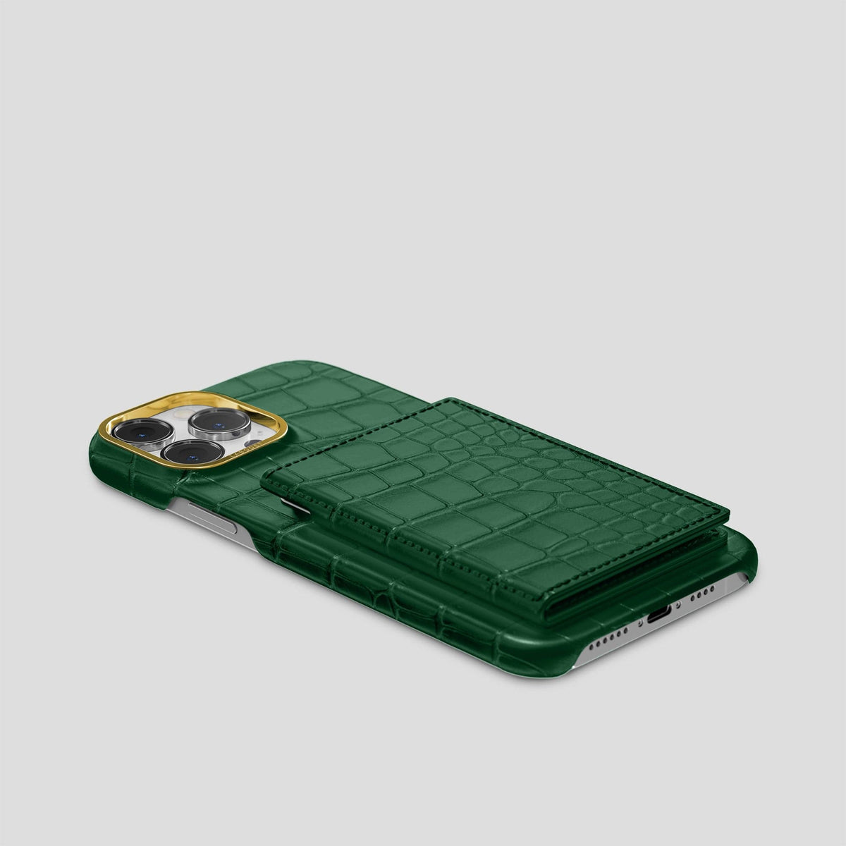 Forest-Green iPhone 15 Pro Max Bi-Fold Case Alligator with Gold Metal -4 | Forest-Green-Gold