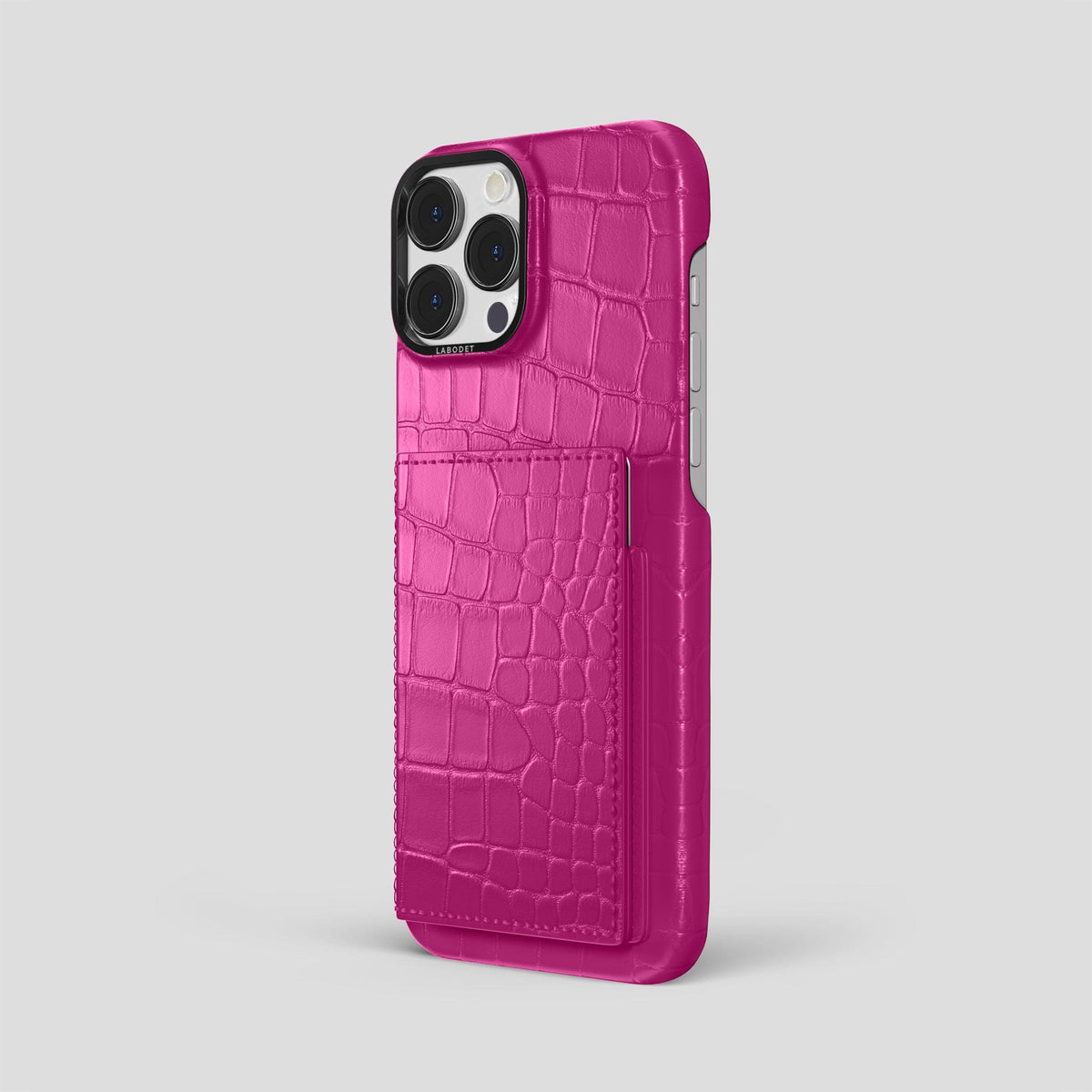 Fuchsia iPhone 15 Pro Max Bi-Fold Case Alligator with Black Metal -1 | Fuchsia-Black