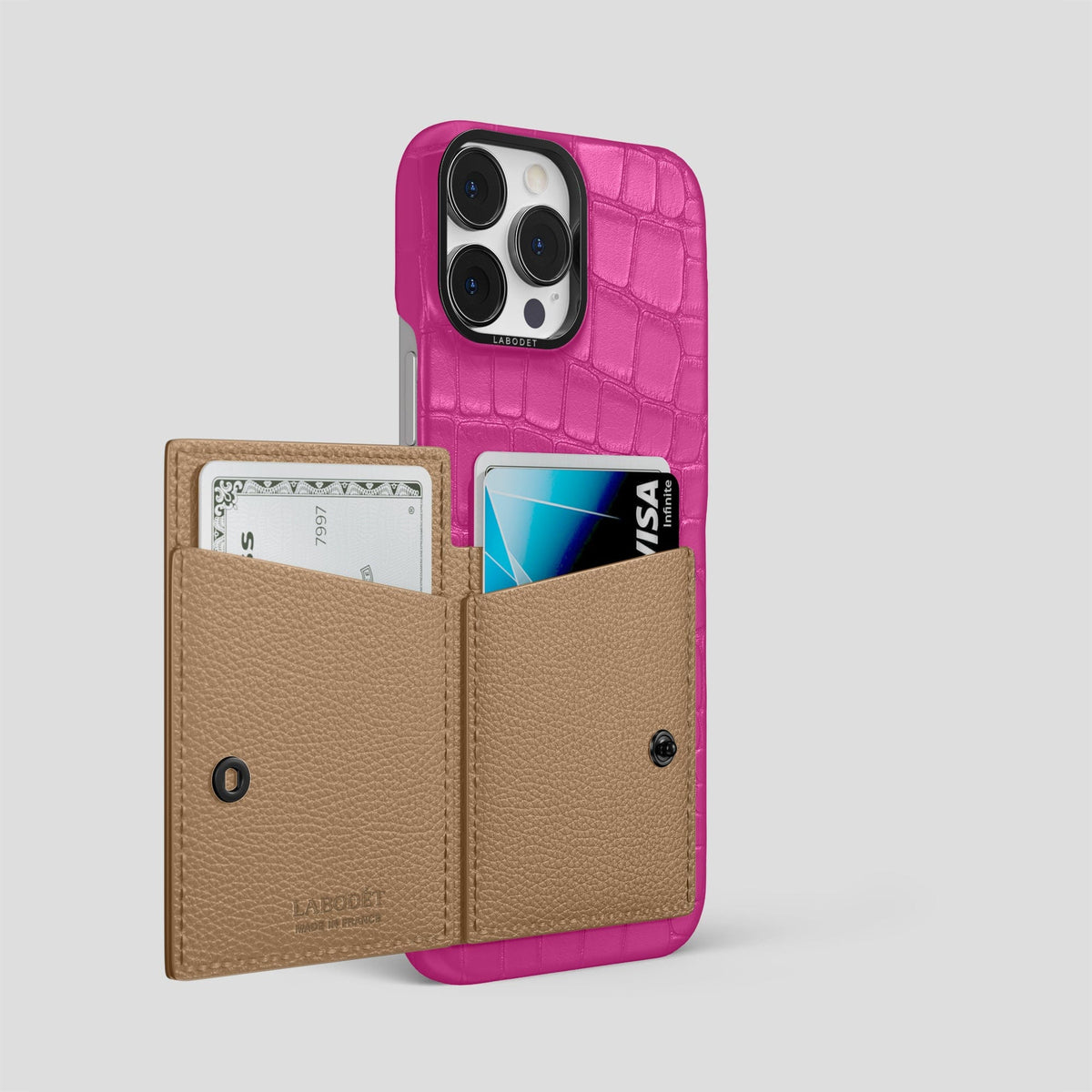 Fuchsia iPhone 15 Pro Max Bi-Fold Case Alligator with Black Metal -3 | Fuchsia-Black