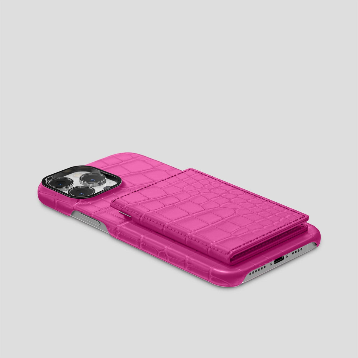 Fuchsia iPhone 15 Pro Max Bi-Fold Case Alligator with Black Metal -4 | Fuchsia-Black