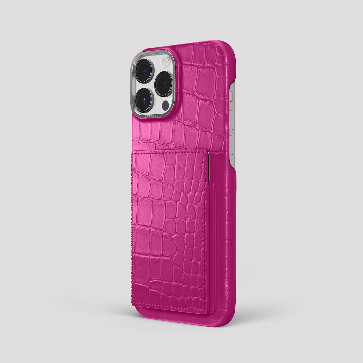Fuchsia iPhone 15 Pro Max Bi-Fold Case Alligator with Steel Metal -1 | Fuchsia-Steel