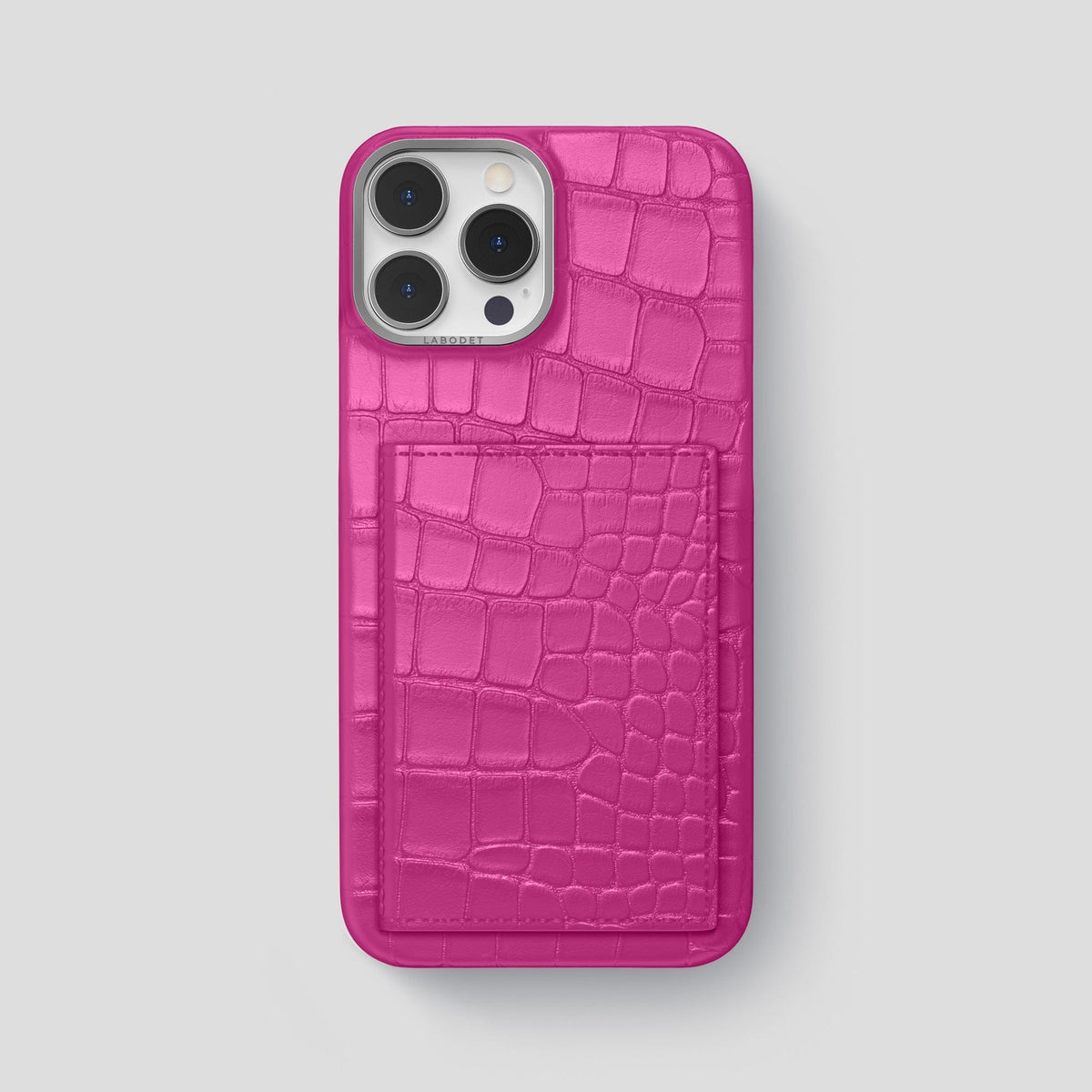 Fuchsia iPhone 15 Pro Max Bi-Fold Case Alligator with Steel Metal -2 | Fuchsia-Steel