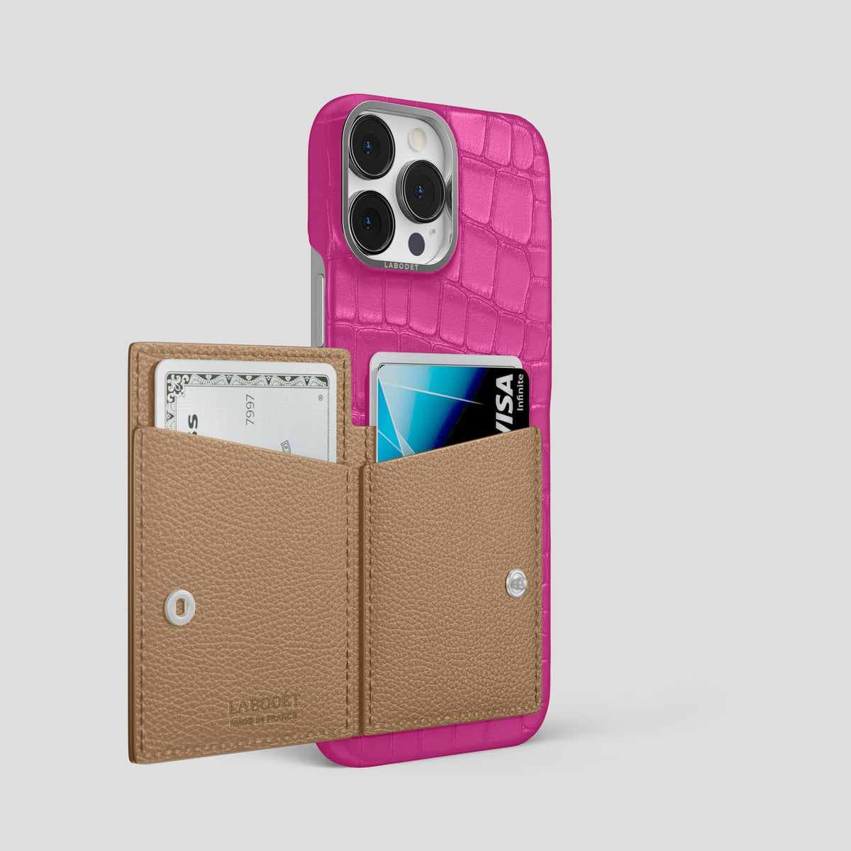 Fuchsia iPhone 15 Pro Max Bi-Fold Case Alligator with Steel Metal -3 | Fuchsia-Steel