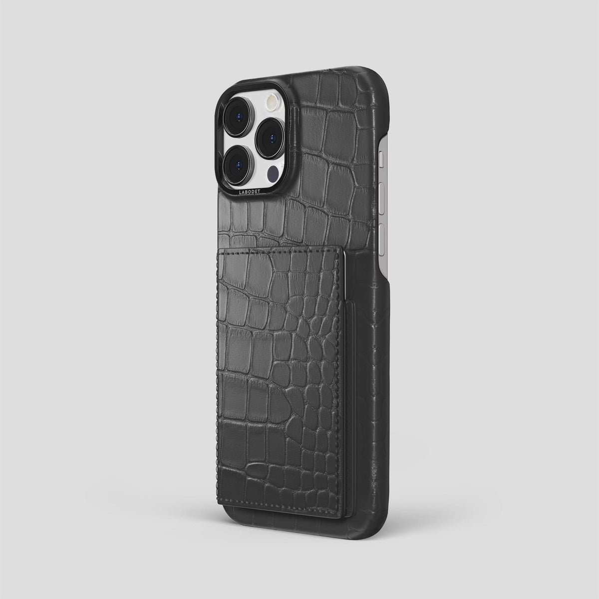 Grey iPhone 15 Pro Max Bi-Fold Case Alligator with Black Metal -1 | Grey-Black