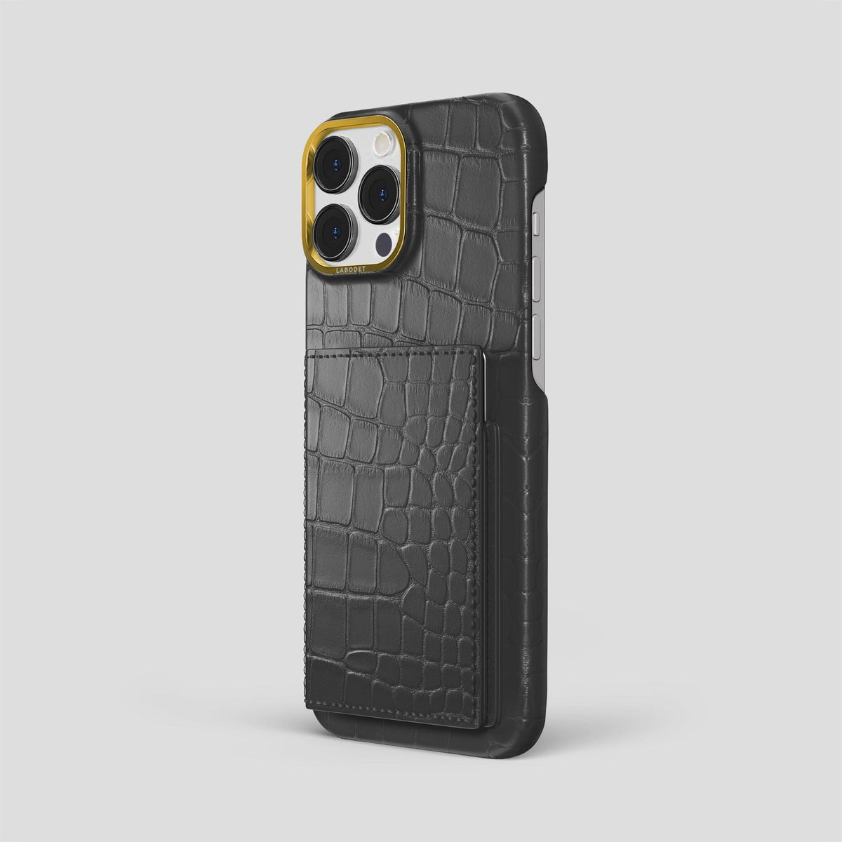 Grey iPhone 15 Pro Max Bi-Fold Case Alligator with Gold Metal -1 | Grey-Gold