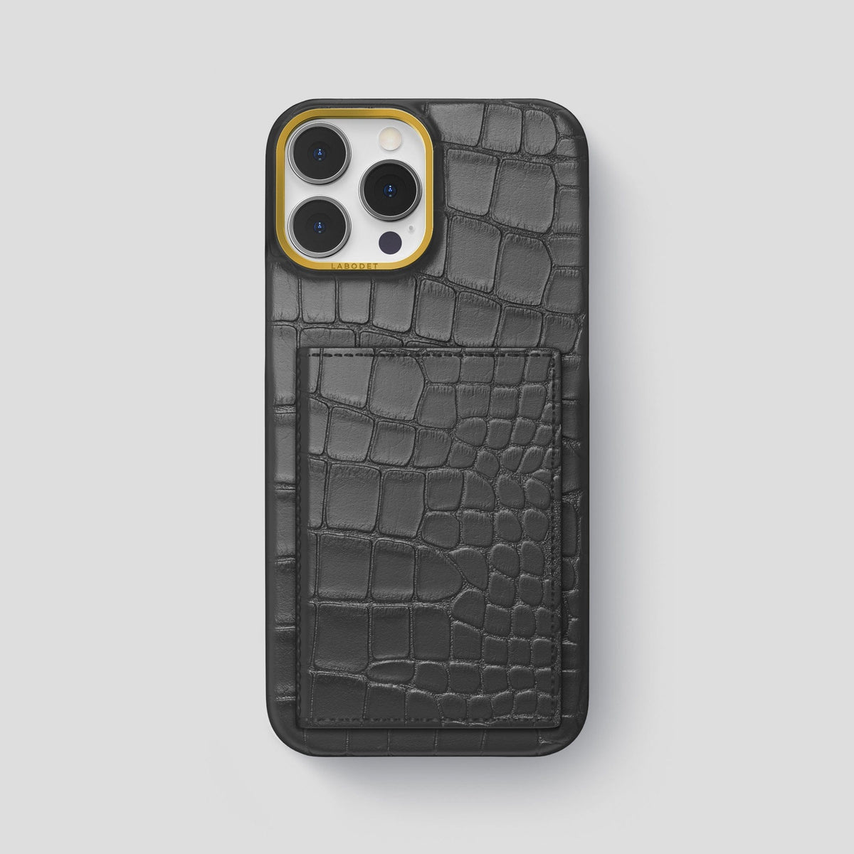Grey iPhone 15 Pro Max Bi-Fold Case Alligator with Gold Metal -2 | Grey-Gold
