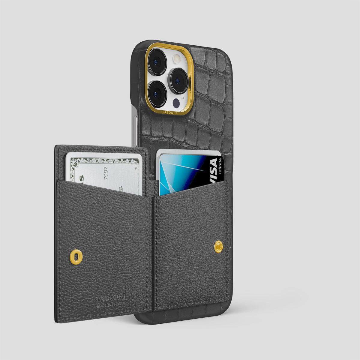 Grey iPhone 15 Pro Max Bi-Fold Case Alligator with Gold Metal -3 | Grey-Gold