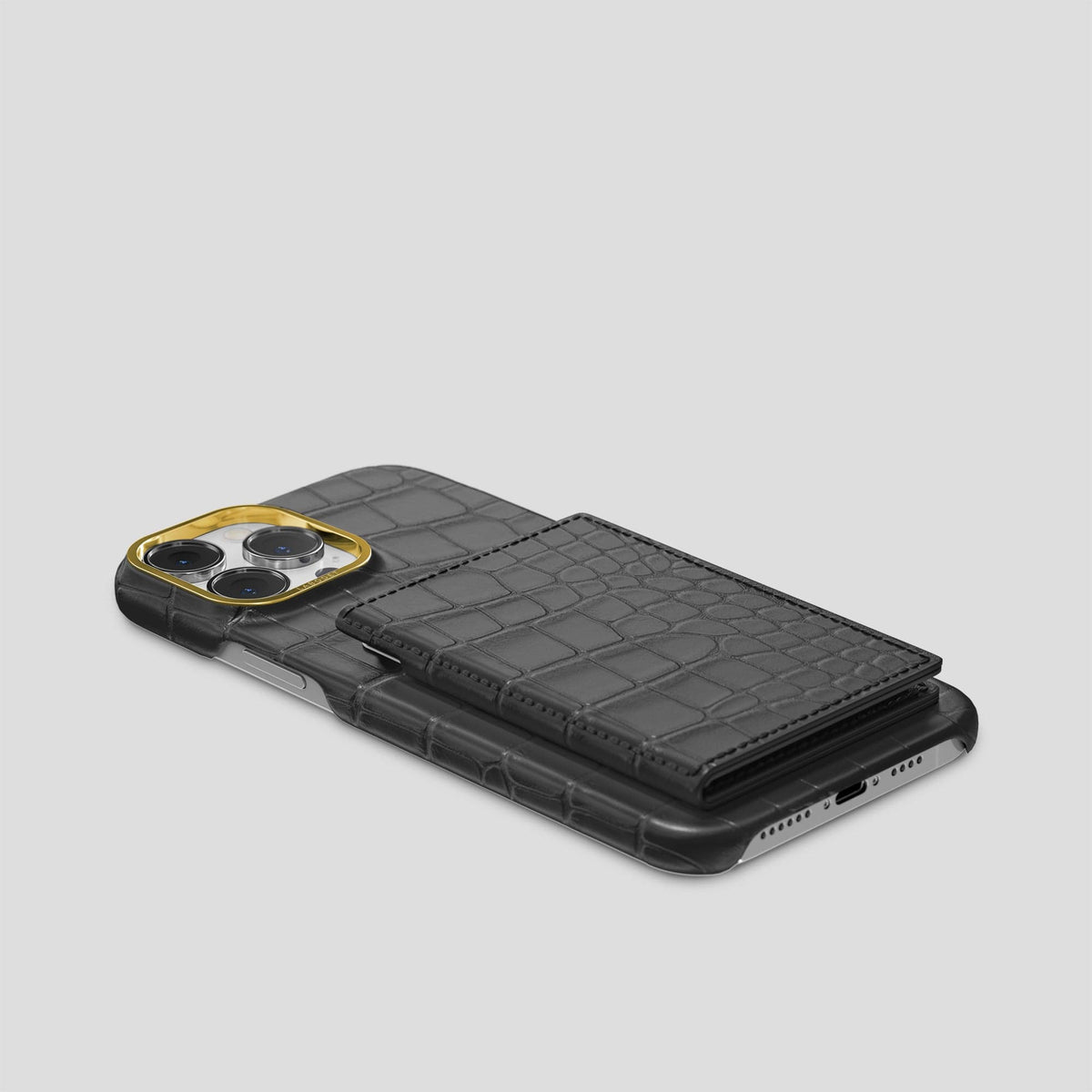 Grey iPhone 15 Pro Max Bi-Fold Case Alligator with Gold Metal -4 | Grey-Gold