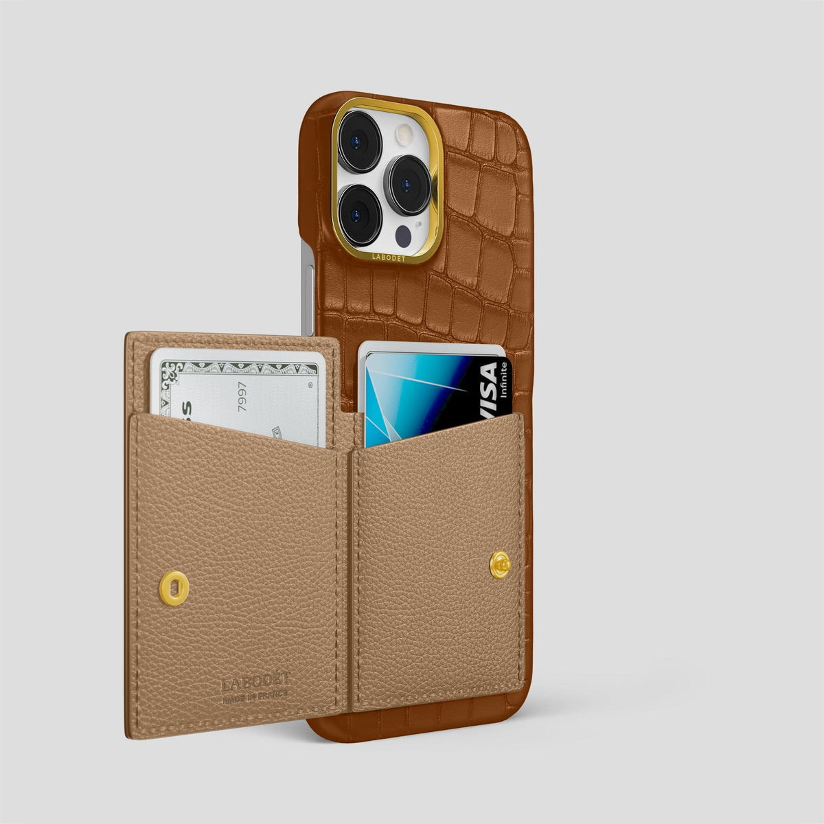 Honey iPhone 15 Pro Max Bi-Fold Case Alligator with Gold Metal -3 | Honey-Gold