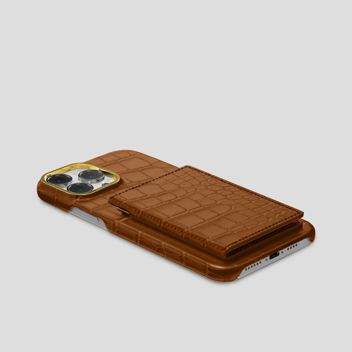 Honey iPhone 15 Pro Max Bi-Fold Case Alligator with Gold Metal -4 | Honey-Gold