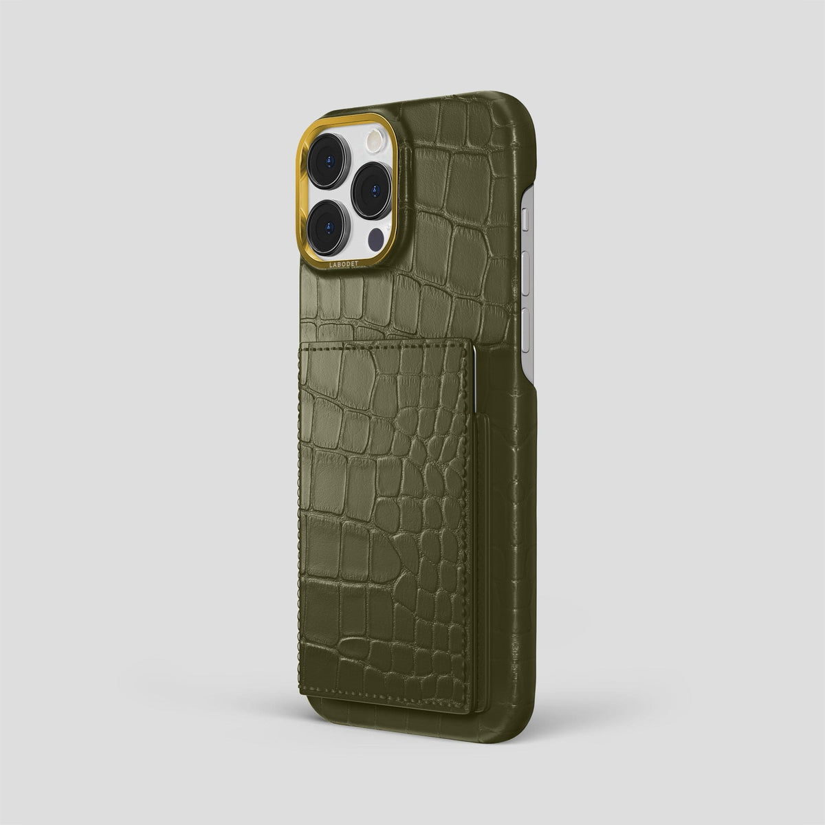 Kaki-Green iPhone 15 Pro Max Bi-Fold Case Alligator with Gold Metal -1 | Kaki-Green-Gold