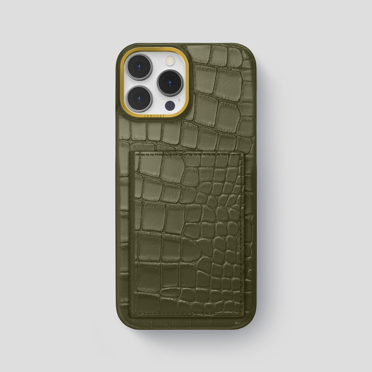 Kaki-Green iPhone 15 Pro Max Bi-Fold Case Alligator with Gold Metal -2 | Kaki-Green-Gold