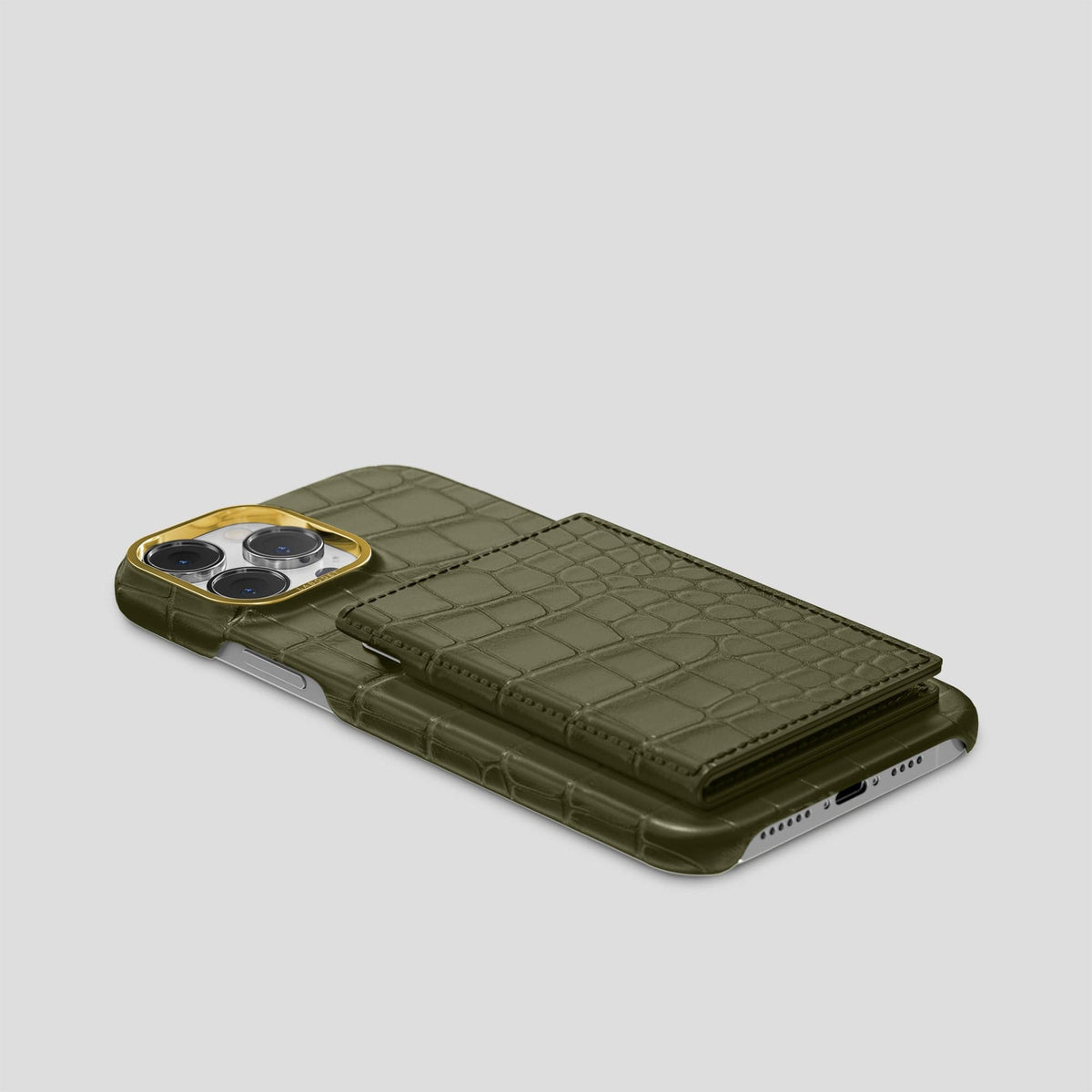 Kaki-Green iPhone 15 Pro Max Bi-Fold Case Alligator with Gold Metal -4 | Kaki-Green-Gold