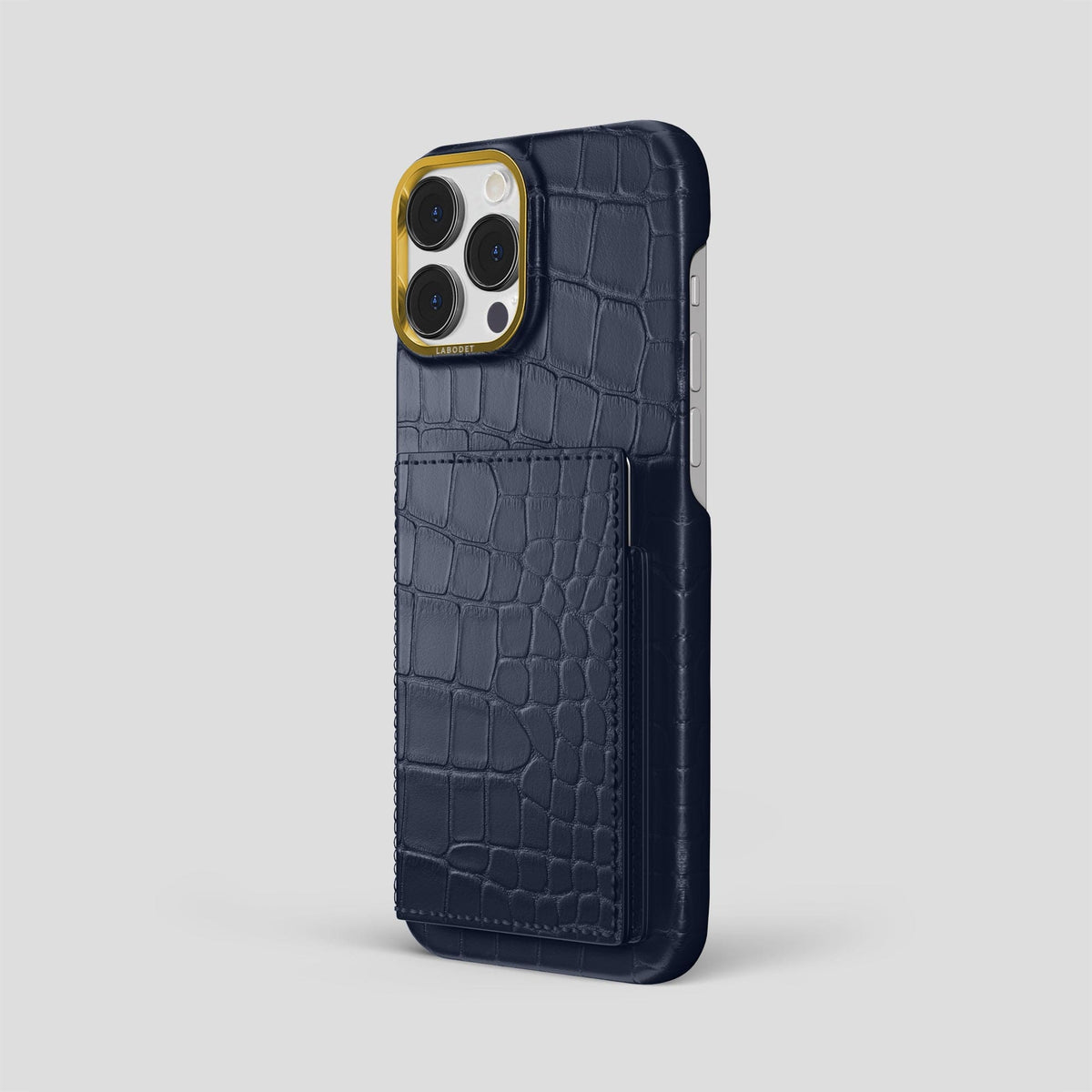 Navy Blue iPhone 15 Pro Max Bi-Fold Case Alligator with Gold Metal -1 | Navy-Blue-Gold