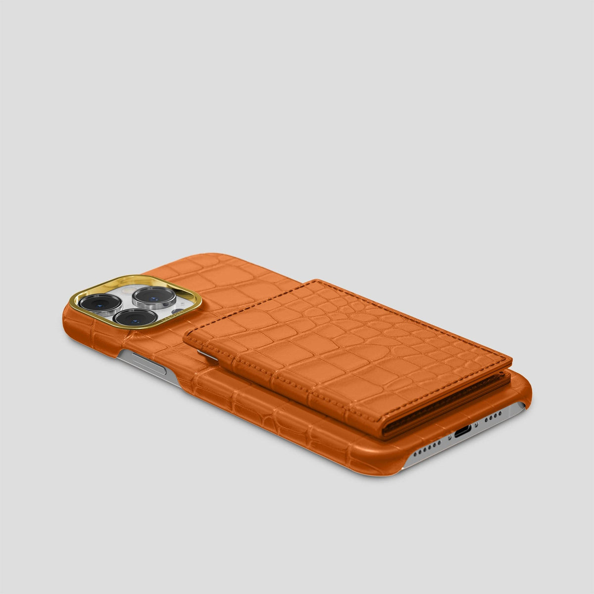 Orange iPhone 15 Pro Max Bi-Fold Case Alligator with Gold Metal -4 | Orange-Gold
