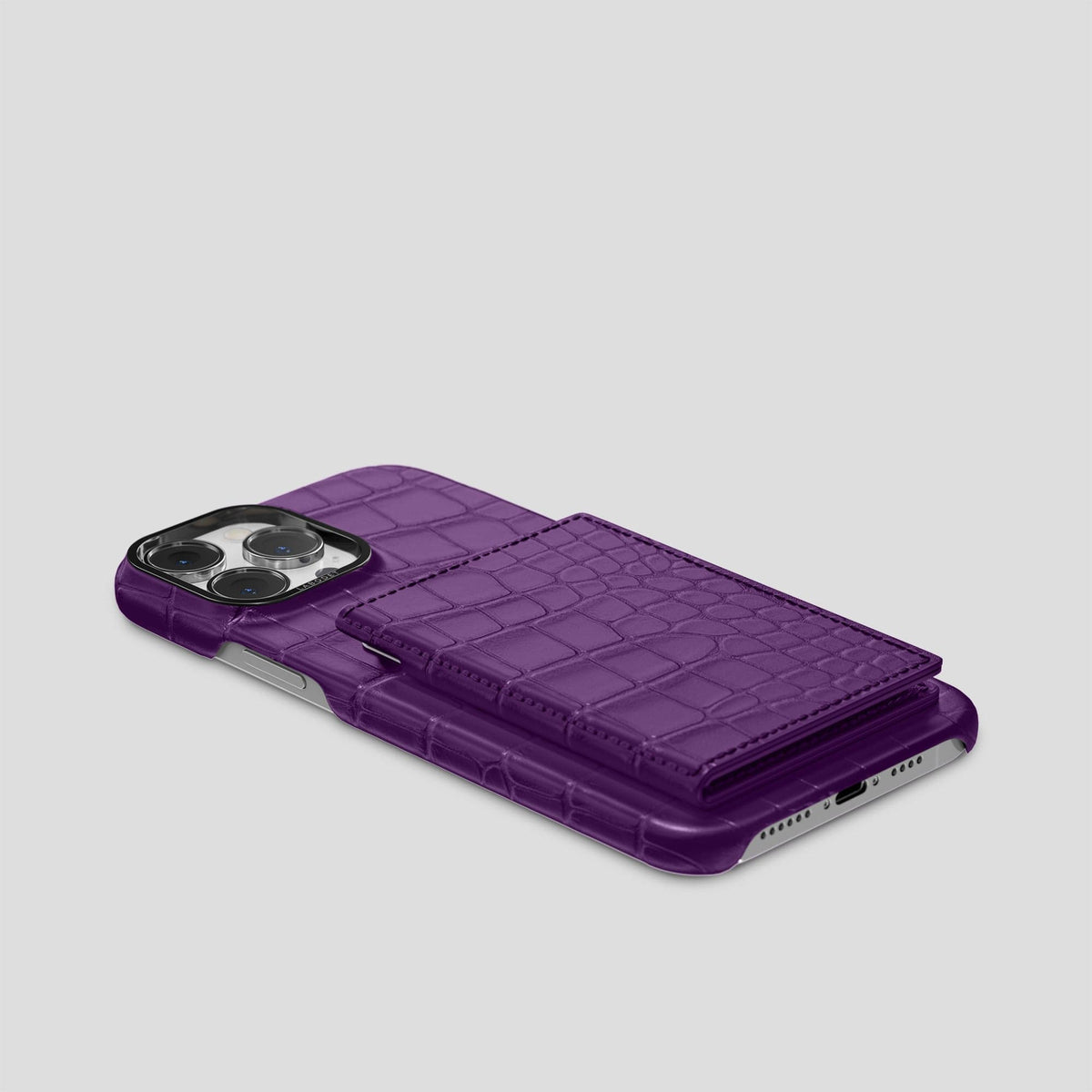 Purple iPhone 15 Pro Max Bi-Fold Case Alligator with Black Metal -4 | Purple-Black