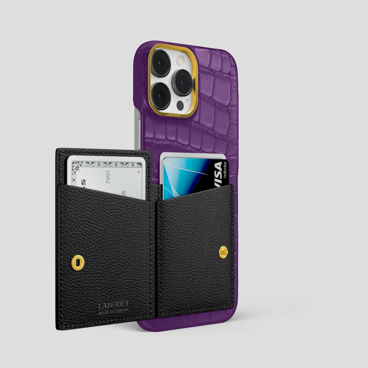 Purple iPhone 15 Pro Max Bi-Fold Case Alligator with Gold Metal -3 | Purple-Gold