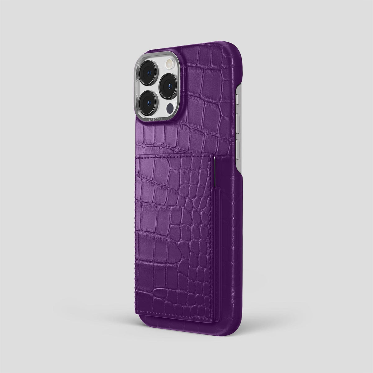 Purple iPhone 15 Pro Max Bi-Fold Case Alligator with Steel Metal -1 | Purple-Steel