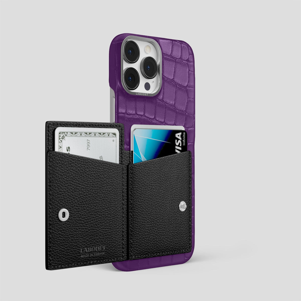 Purple iPhone 15 Pro Max Bi-Fold Case Alligator with Steel Metal -3 | Purple-Steel