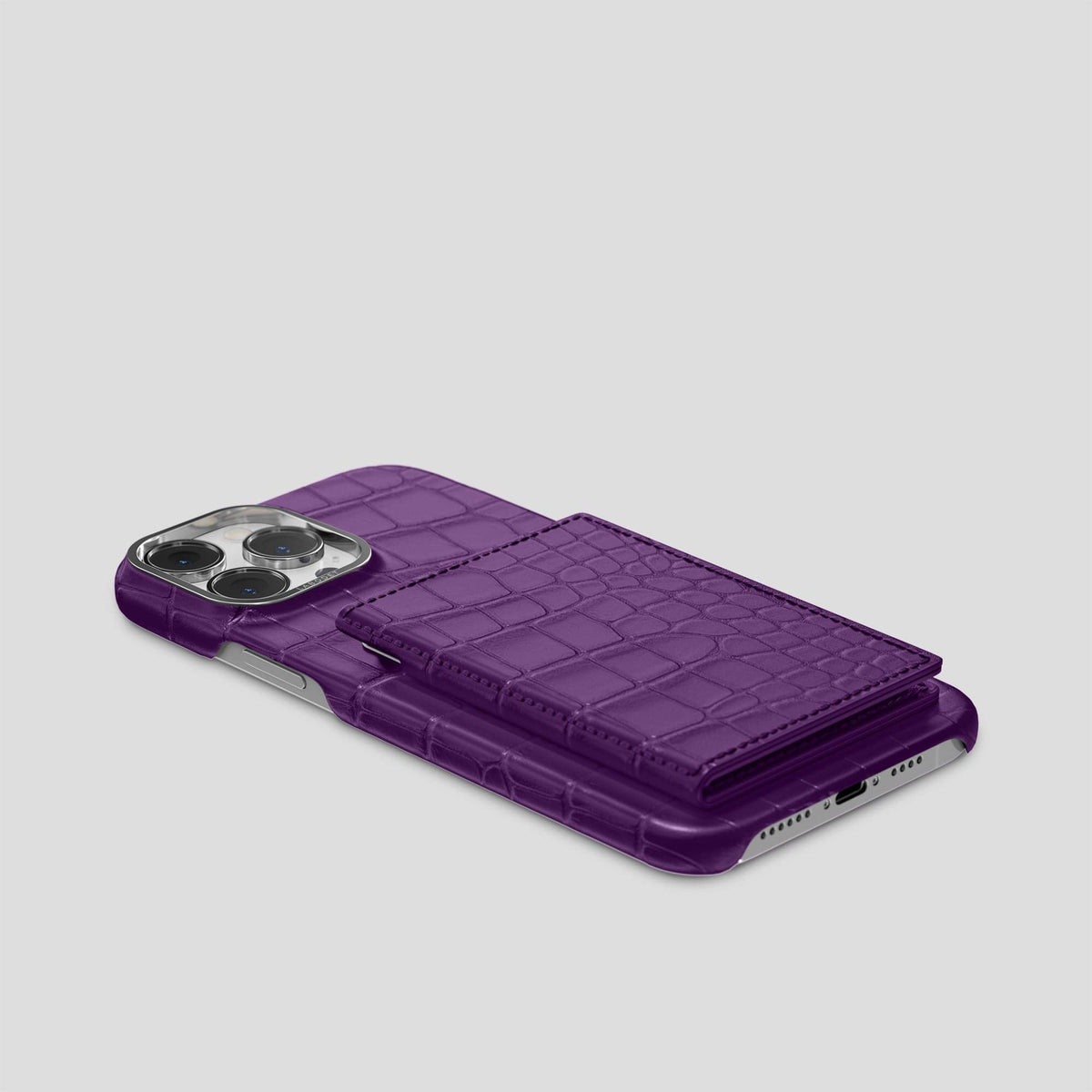 Purple iPhone 15 Pro Max Bi-Fold Case Alligator with Steel Metal -4 | Purple-Steel