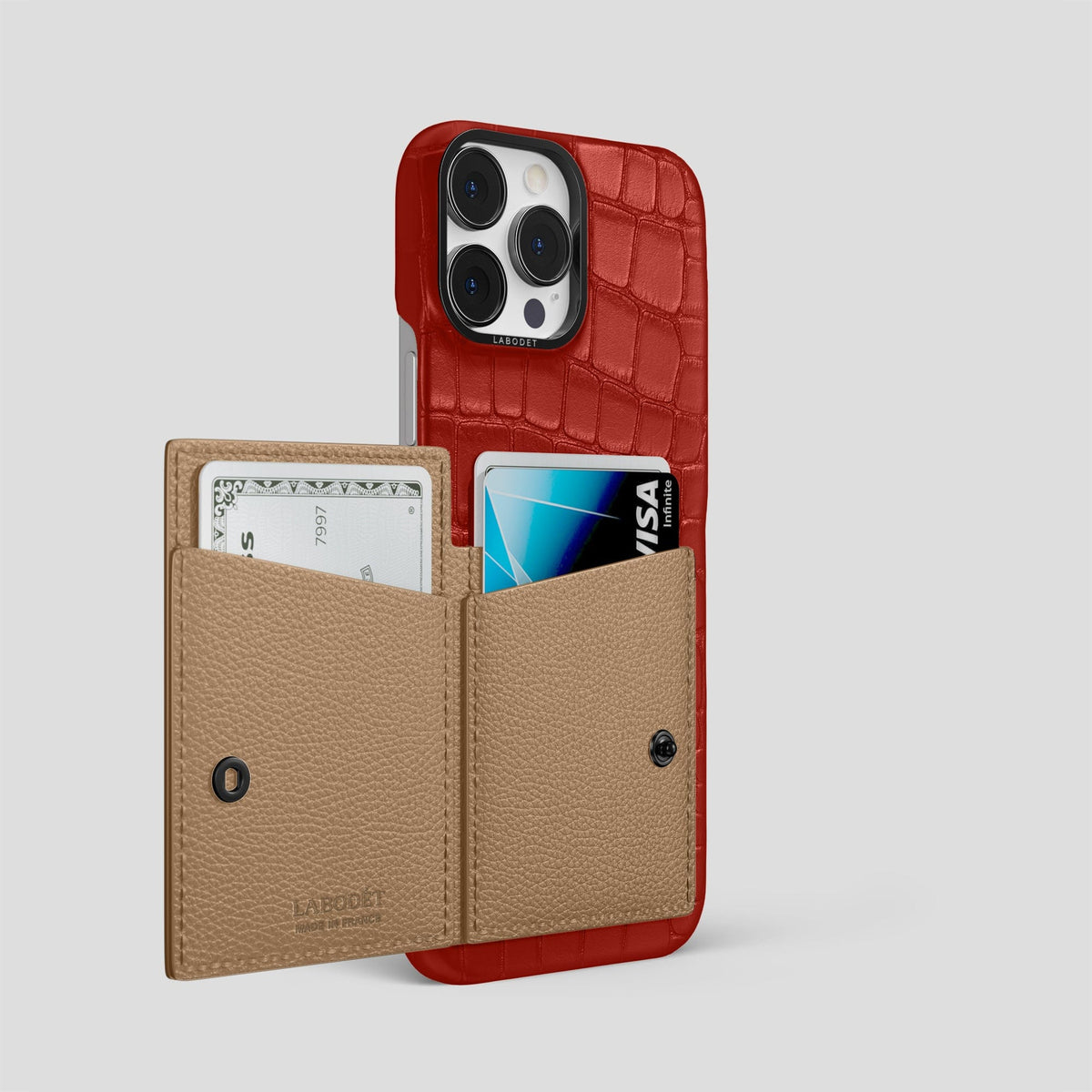 Red iPhone 15 Pro Max Bi-Fold Case Alligator with Black Metal -3 | Red-Black