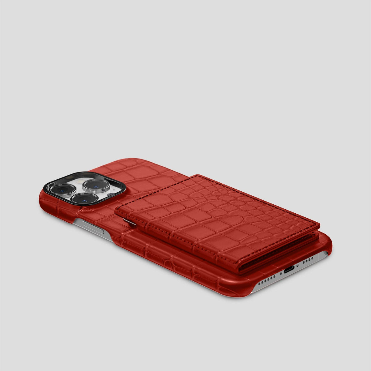 Red iPhone 15 Pro Max Bi-Fold Case Alligator with Black Metal -4 | Red-Black