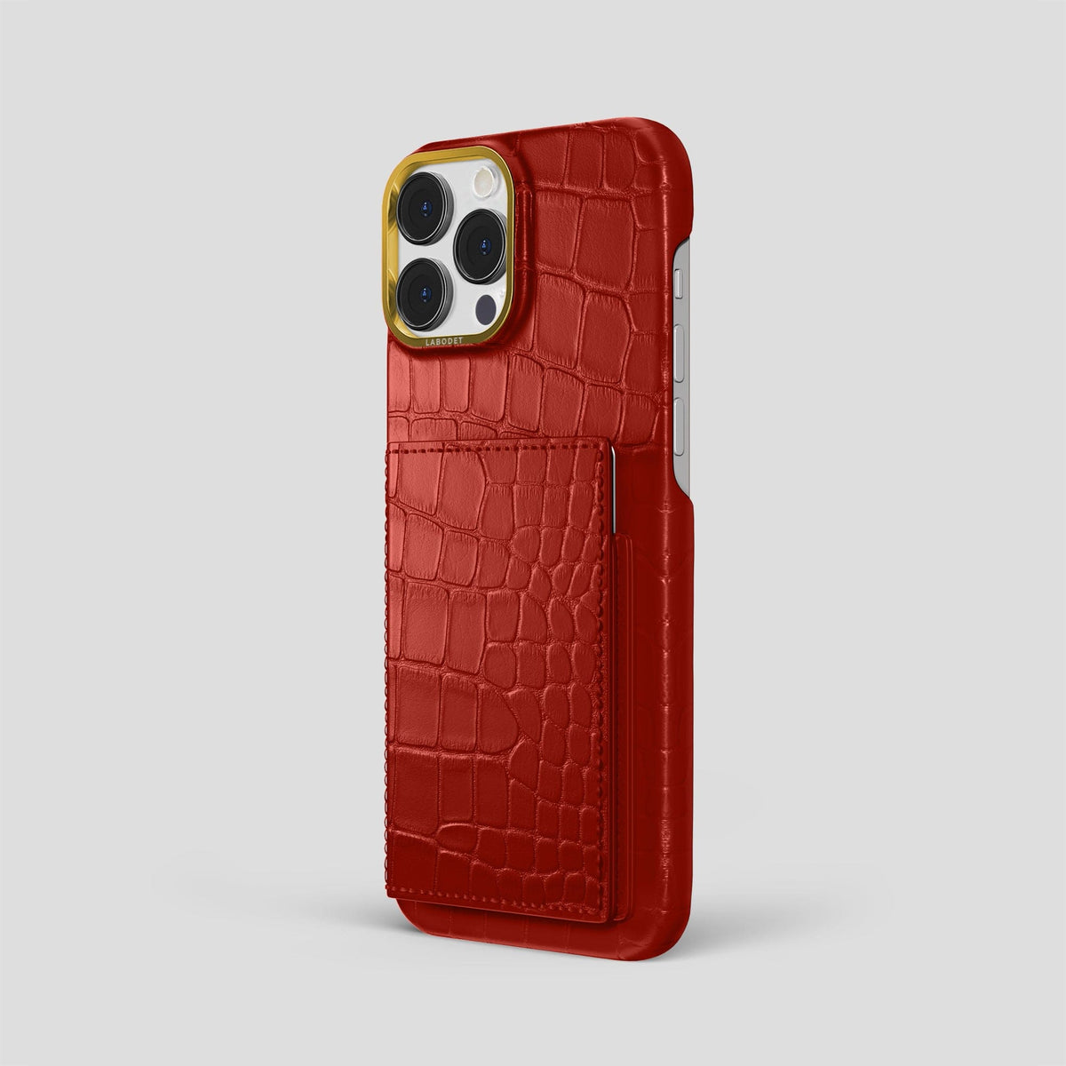 Red iPhone 15 Pro Max Bi-Fold Case Alligator with Gold Metal -1 | Red-Gold